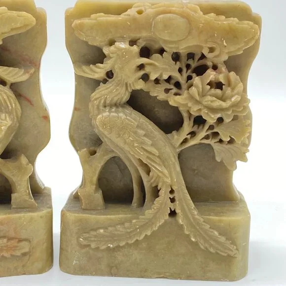 Vintage Pair of Hand-Carved Green Soapstone Bookends Phoenix Bird Lotus Flower - Picture 3 of 16